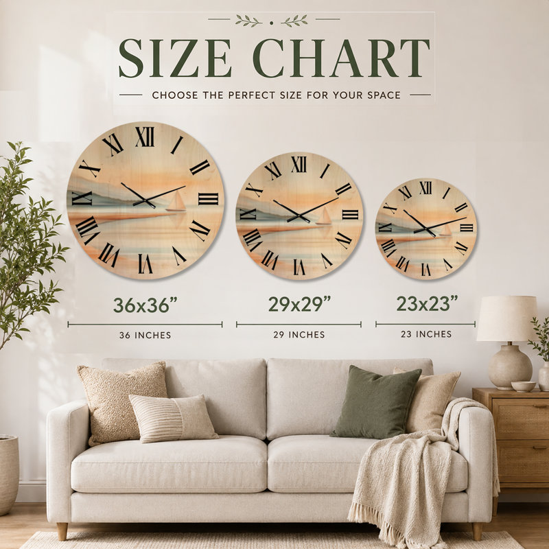 Horloge murale ronde orange « Sunset Sailboat Shore III », imprimée sur bois, motif voilier au coucher du soleil., Grand