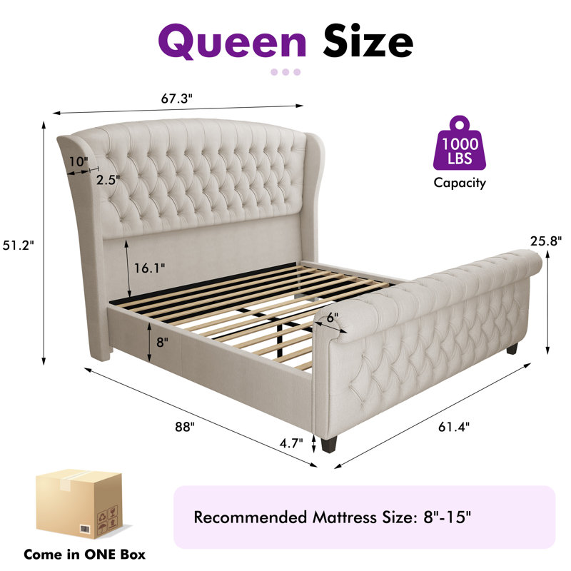 Dulane Chenille Upholstered Sleigh Queen Bed with Scroll Wingback Headboard, Cream, Cream, Queen