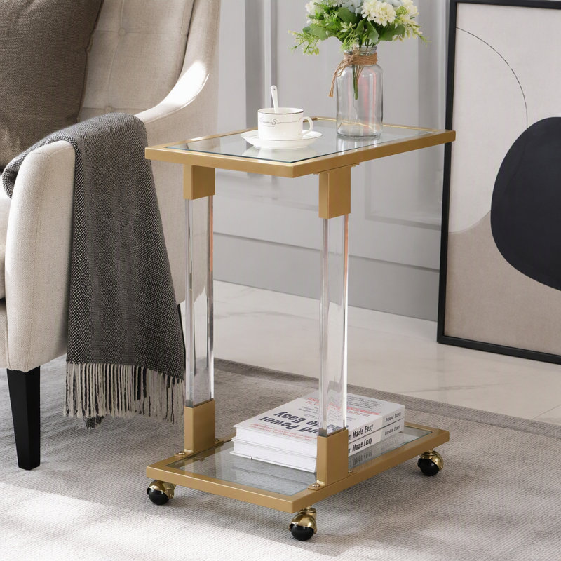 Table d'appoint dorée, table de canapé en acrylique, table carrée en C avec plateau en verre et base en métal pour le salon, la chambre à coucher, le balcon, la maison et le bureau