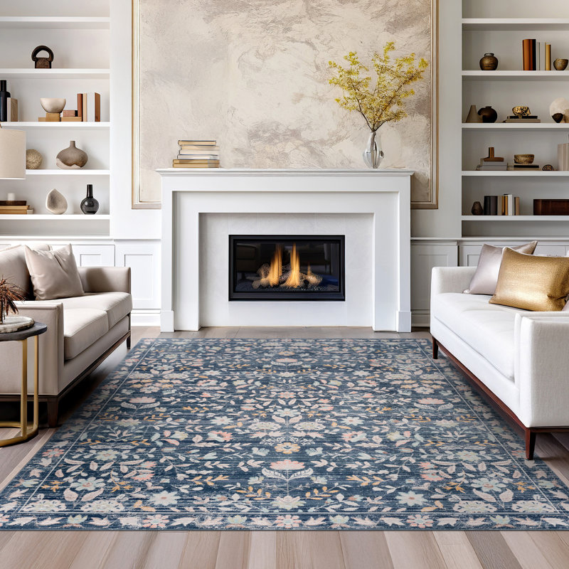 Tapis oriental rectangulaire en polyester bleu marine Helen, Rectangle 5'3" x 7'