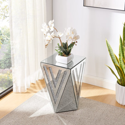 Inverted triangular mirror square table, crystal diamond inlaid coffee table, glass side table suitable for corridors, living rooms, corners, bedrooms, sofas