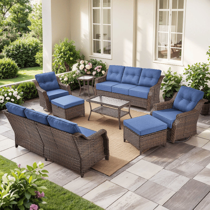 Elona 8-Piece Outdoor Sofa Seating Group With 2 Sofas And 6" Thickness Cushions, Blue