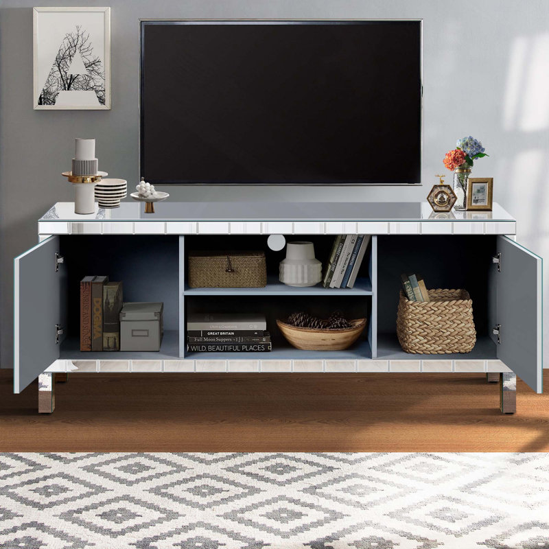 Console média moderne en forme de M avec rangement et décorations, L 59 po, Argent (portes en forme de M)