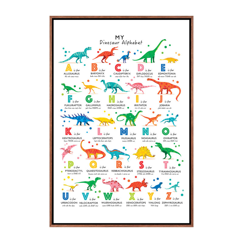 Dinosaur Alphabet - impression d'art graphique, Pas de tapis, Toile avec cadre brun, H 40 po x l 26 po x P 1,5 po