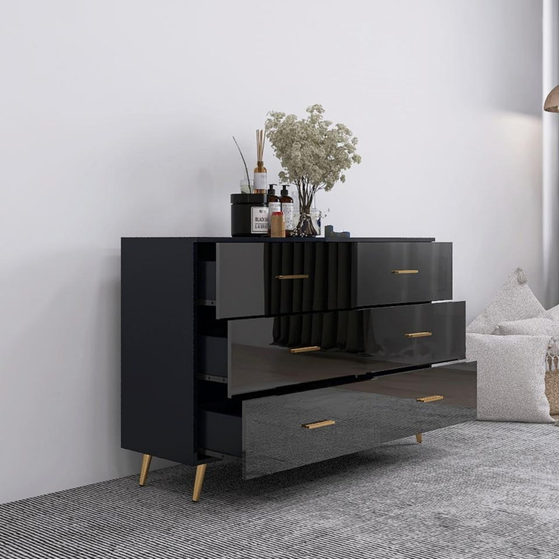Commode 6 tiroirs avec poignée dorée et pieds en acier doré, Noir, noir, noir, noir