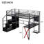 Lit mezzanine double en métal noir avec poste de travail intégré, garde-robe de rangement et escalier sécuritaire