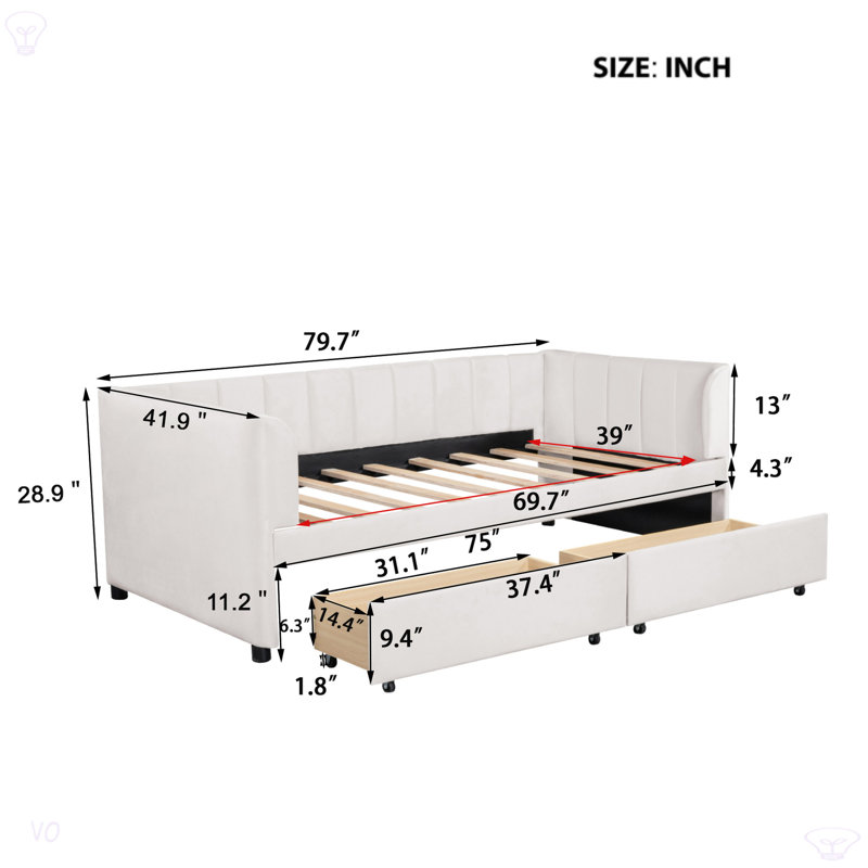 Lit de jour simple rembourré avec dossier ergonomique et 2 tiroirs, Beige
