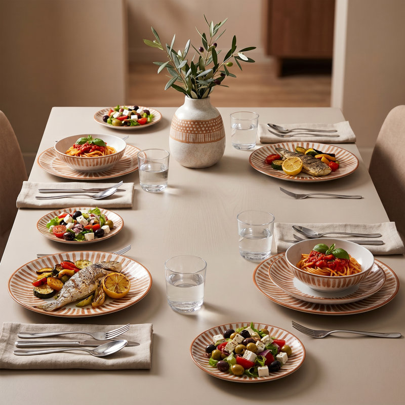 Boho Terra Stripe Brown Porcelain Dinnerware Set (24-Piece Service for 6)