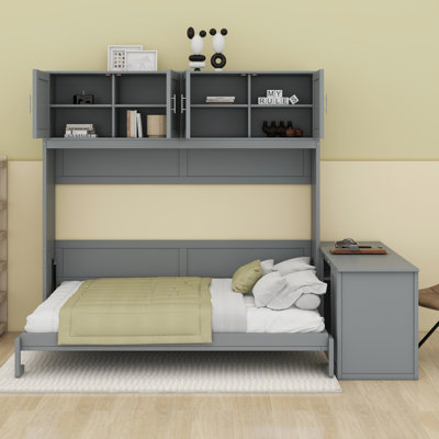 Lit escamotable avec bureau, tablettes de rangement et grandes armoires
