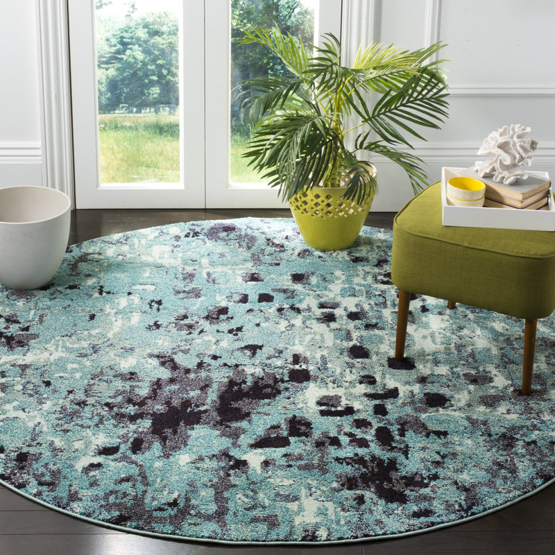 Hertzler Abstract Light Blue/Multi Rug, Round 6'7"
