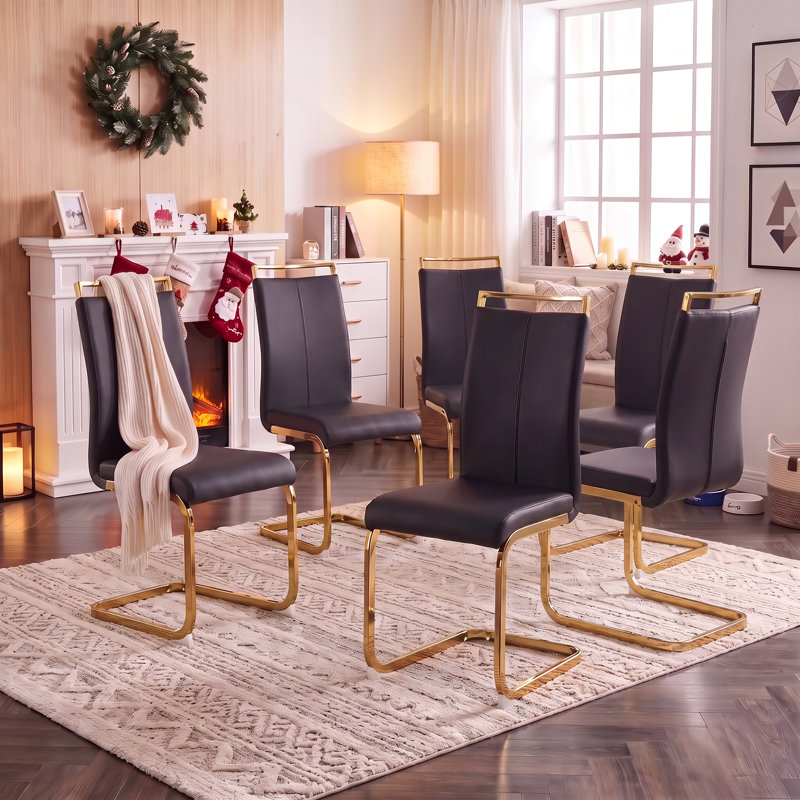 Rheese Modern Upholstered Faux Leather Cantilever Dining Chairs with Metal Frame (Set of 6), 6, Black, Polished