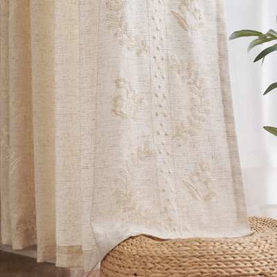Linen Blend Embroidered Curtains Farmhouse Flower Patterned Curtains for Bedroom