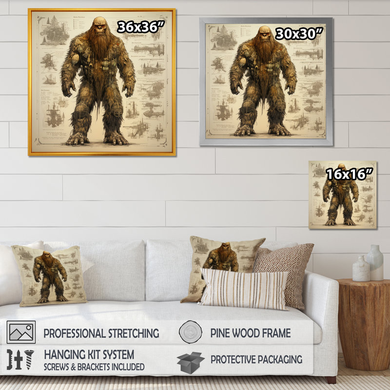 «Vintage Bigfoot Blueprint», art mural Bigfoot, Encadrement doré, H 16 po x l 16 po x P 1 po
