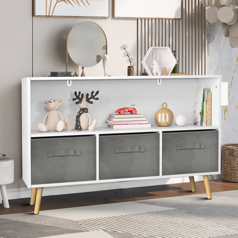 Judene Wooden Bookcase with Three Removable Fabric Drawers, White/Gray