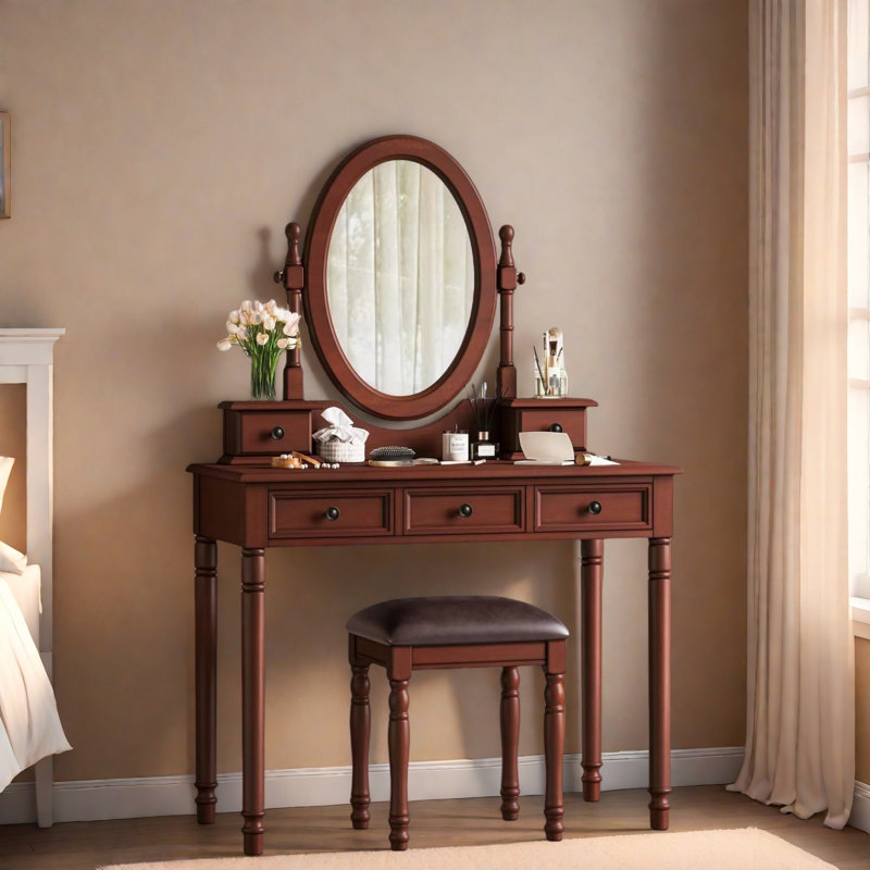 Vanity Desk With Adjustable Angle Mirror, Cushioned Stool And 5 Drawers, Walnut