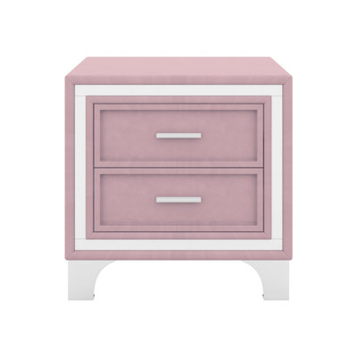 Velvet Mid Century Nightstand with 2 Drawers, Silver Glitter Decorative Strip and Metal Legs