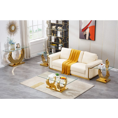 4 Piece Glass Coffee Table Set Modern Living Room Table Set with 1 Coffee Table  2 End Tables  1 Console Table Coffee Table Set with 3CShape Base