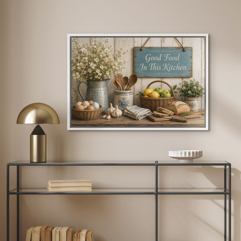 «Good Food In This Kitchen Rustic Farmhouse Kitchen Decor», reproduction d'art sur toile encadrée, 16" H x 24" W x 1.5" D