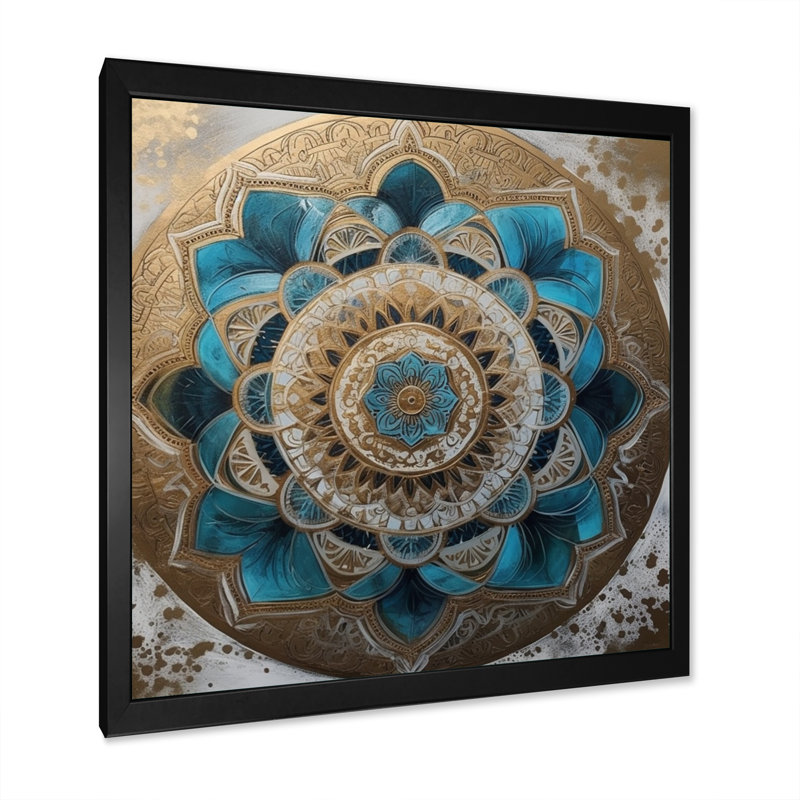 Mandala bleu et or III sur toile, Cadre d'angle fermé noir, H 16 po x l 16 po x P 1 po