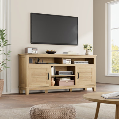Wood Color 63-Inch TV Stand for Up to 70-Inch Televisions - Rustic Farmhouse Media Unit with  Shelves & Cabinet Doors for Living Room or Bedroom