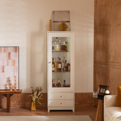 71'' Freestanding Wine Cabinet With Adjustable Shelves, Upholstered Doors, 2 Storage Drawers, Glass Door, 5 Colors Led Ceiling , 180 Panoramic View For Dining Room Style - White Elements,
