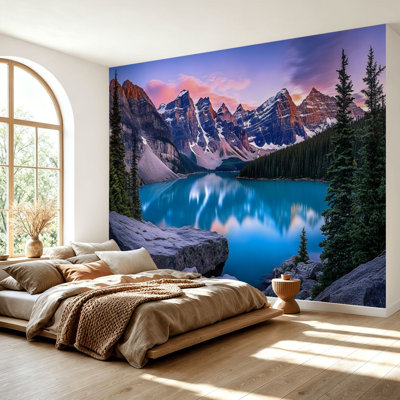 Papier peint adhésif peler et coller paysage coucher de soleil montagne montagnes enneigées turquoise lac de pin papier adhésif de contact amovible pour décoration de salon chambre à coucher H 69 po x l 96 po