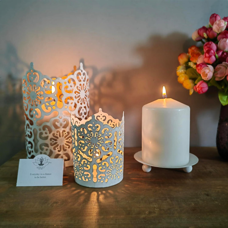 Hosley Set of 2 Whitewashed Iron Pillar Candle Holder Plates – 4-Inch Decorative Round Trays for Pillar Candles – Ideal for Weddings, Special Occasions, Home Décor, and Pedestal Displays