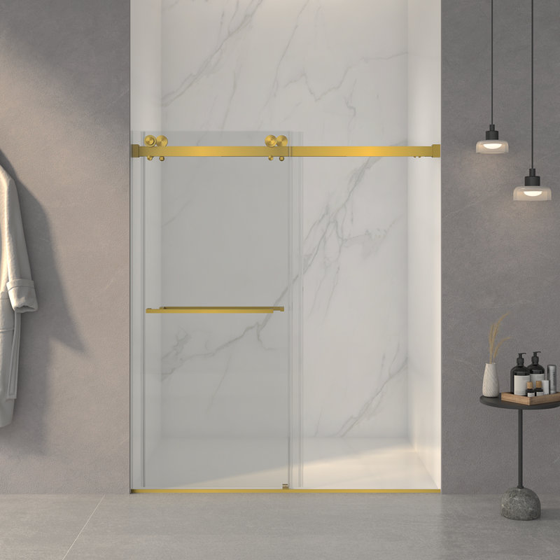 56-60"W X 70"H Frameless Double Sliding Shower Door,5/16" (8Mm) Thick SGCC Tempered Clear Glass,Double Side Easy Clean Coat,Brushed Gold Finished With Buffer
