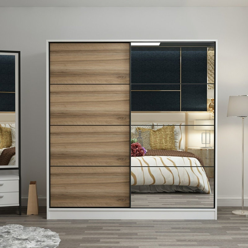Armoire-penderie 2 portes avec 2 tiroirs, Blanc / Dore