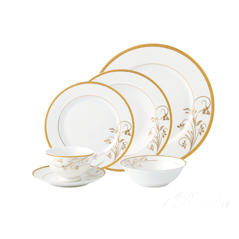 Rosalia Gold Floral Embossed Bone China Dinnerware Set, Service for 4