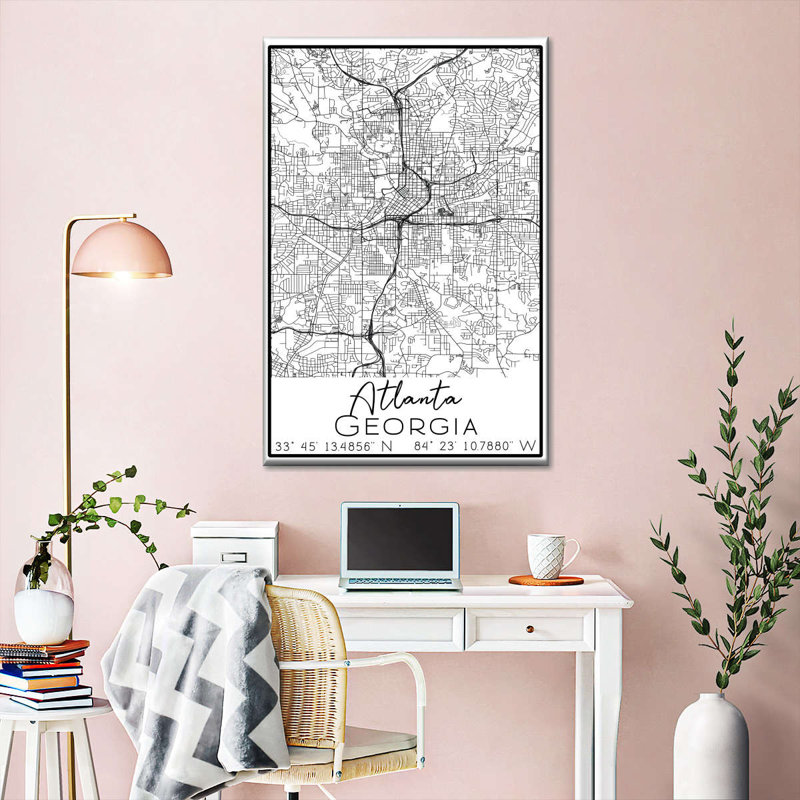 Carte de la ville d'Atlanta sur toile, H 48 po x l 32 po x P 1,25 po