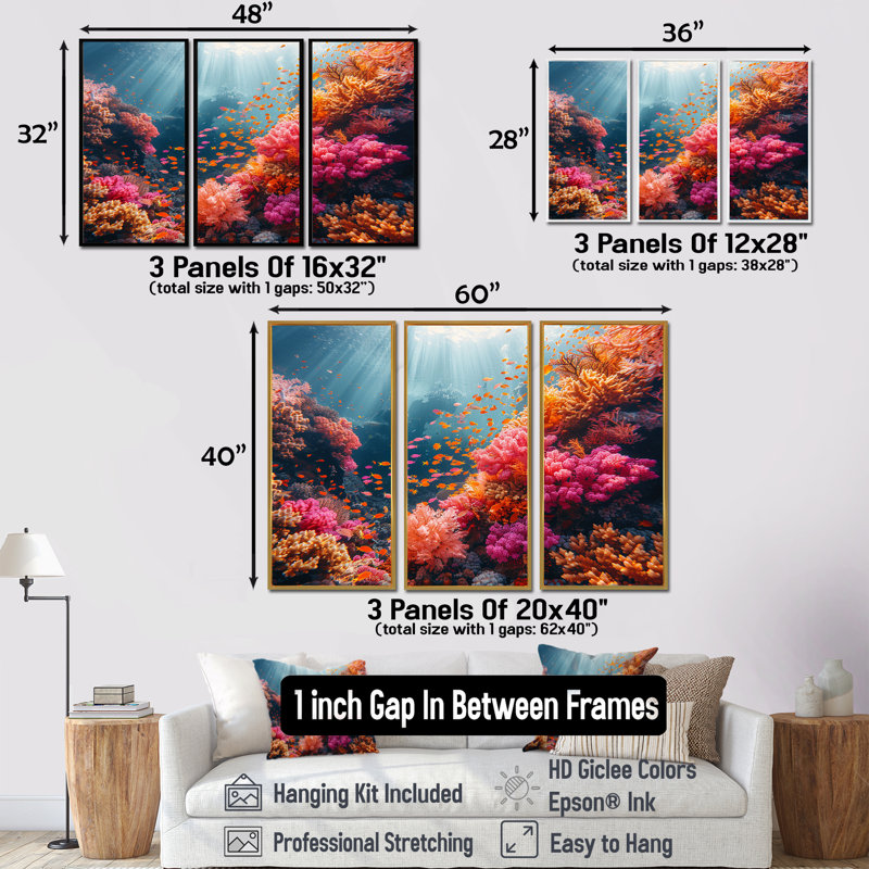 Rumsey - ensemble d'art mural corail, Cadre flottant noir, H 32 po x l 48 po x P 1 po