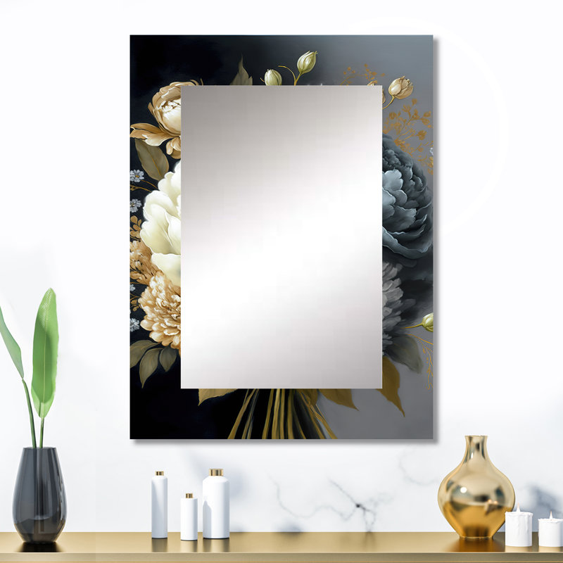 Blanc, bleu et gris pivoine Bouquet II - miroir mural décoratif pivoines, miroir moderne, impression d'art en métal