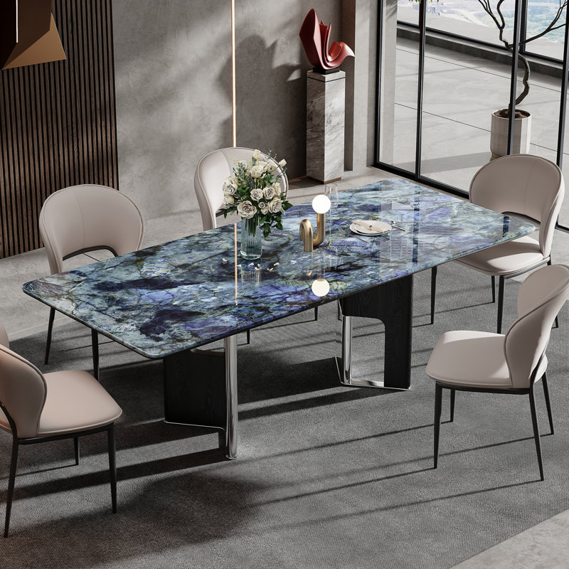 79" Luxury Blue Faux Marble Modern Rectangular Dining Table for 6,Stainless Steel Base