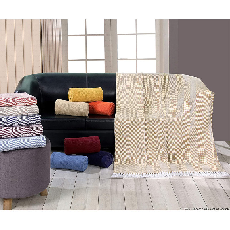 Jeté 100% coton, Orangé, Chervon / couleur unie