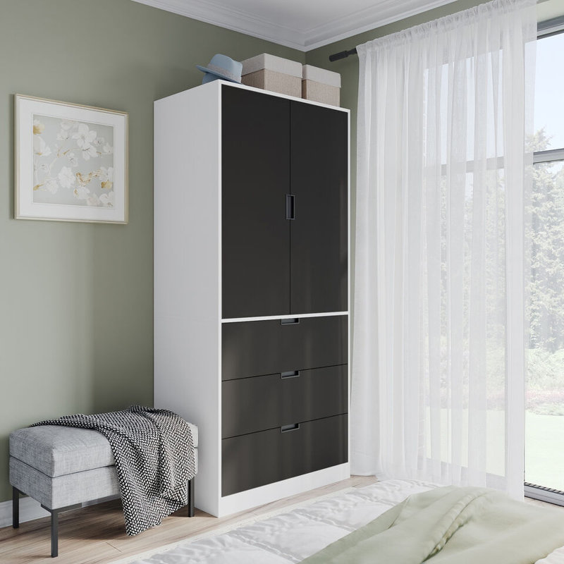 Stephy Solid Wood Wardrobe, White/Black