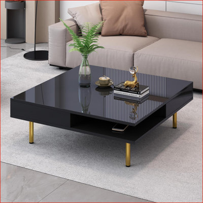 Table basse noire moderne avec 4 pieds dorés et amp; 2 tiroirs, facile à nettoyer et amp; Gain de place pour le salon