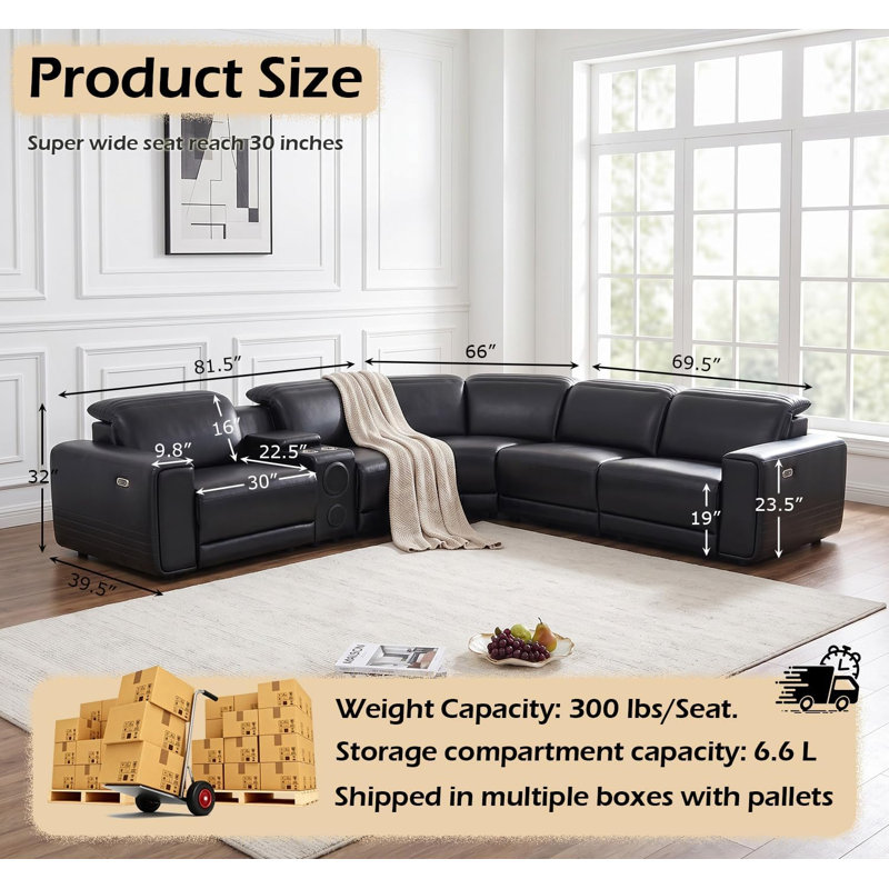 Canapé modulaire inclinable électrique en cuir 6 pièces de 113 po avec appuis-tête réglables, console de rangement, éclairage DEL et haut-parleurs Bluetooth