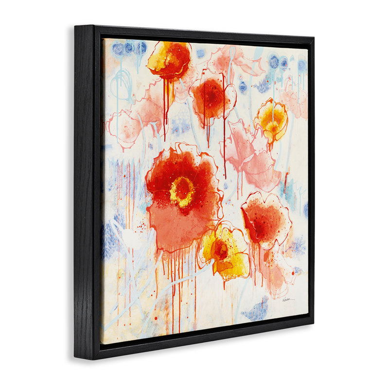"Dripping Abstract Poppies", encadrée par Shirley Novak, Cadre flottant noir de jais, H 18 po x l 18 po