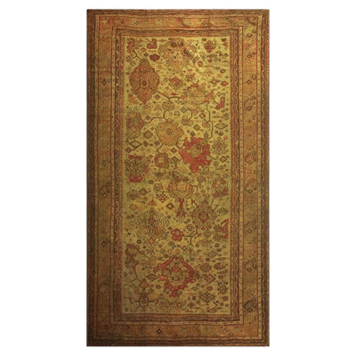1890s Beige Field Large Scale Geometric Knotted Wool Antique Oushak Turkish Rug