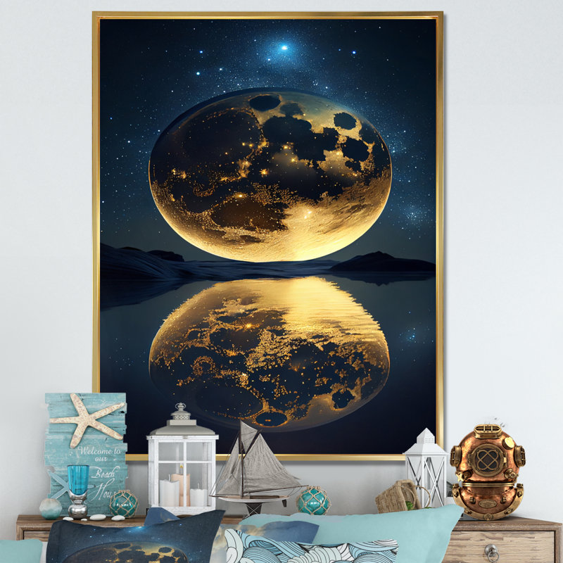 «Golden Full Moon Beach Dream By Night Shore I», reproduction sur toile, H 40 po x l 30 po x P 1,5 po, Cadre flottant doré