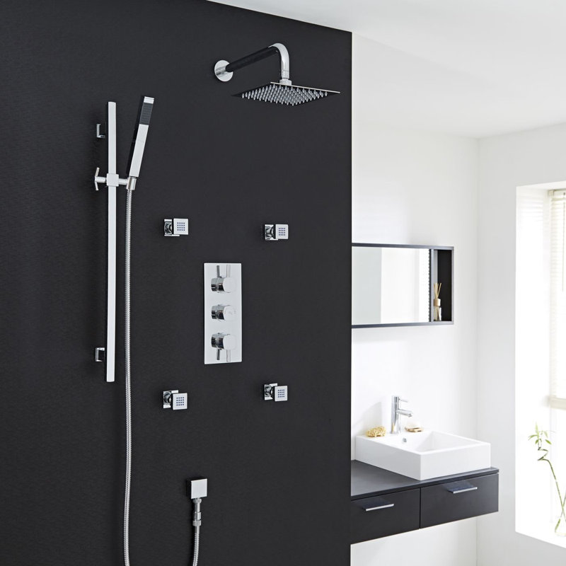 Thermostatic Shower Panel with Digital Display, Rain Head, and Adjustable Body Jets