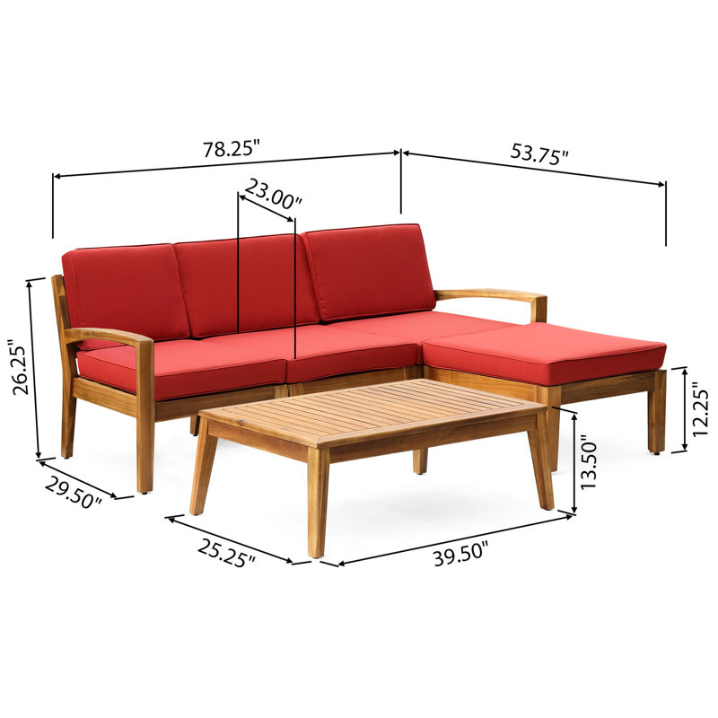 Mobilier d'extérieur rouge avec canapé modulaire et table basse - Bois, coussins d'eau et tissu
