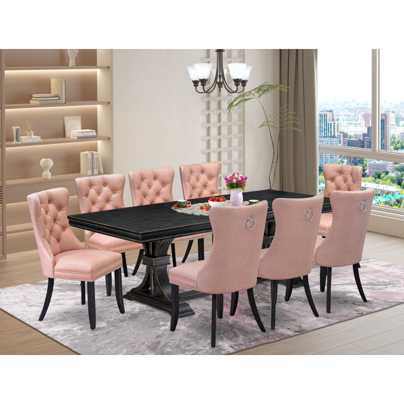 Ensemble de table de salle à manger 9 pièces comprenant une table rectangulaire et 8 chaises de salle à manger en tissu de polyester beige rouge, noir sablé