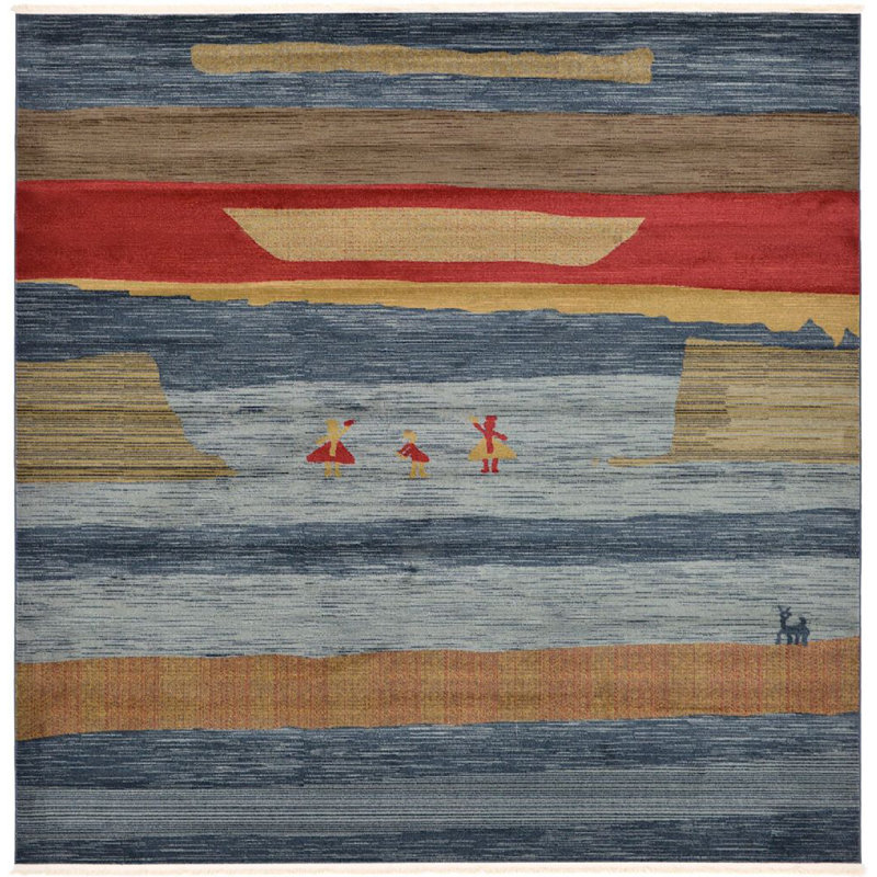 Tapis à motif géométrique bleu / rouge / beige, Carré 10 pi