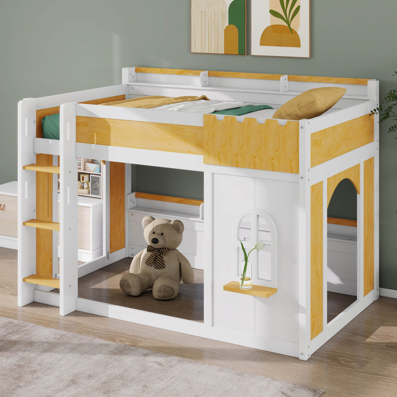 Lit superposé simple au-dessus de simple avec tablettes de rangement, fenêtre de jeu et portes en bois massif robuste et lit en bois aggloméré