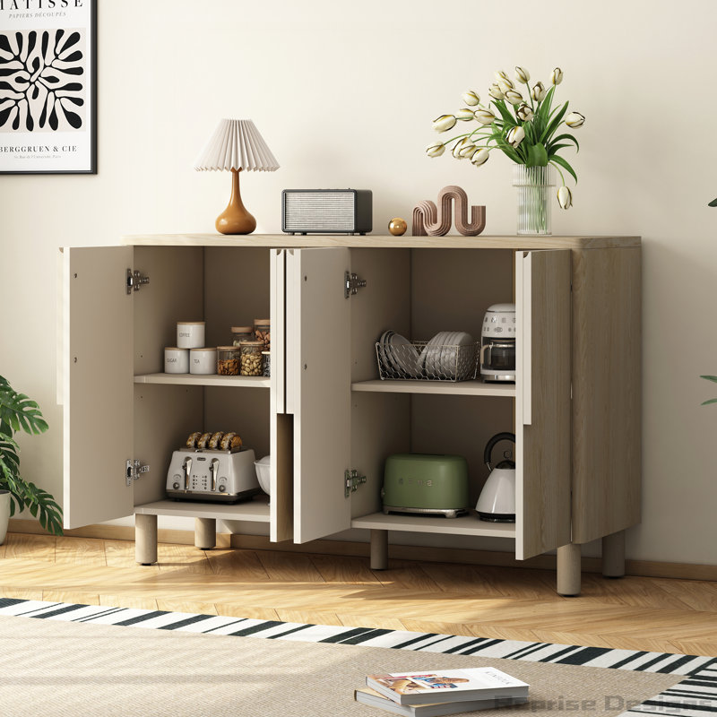 4-Door Wood Sideboard Cabinet with Storage and Adjustable Shelves, Natural