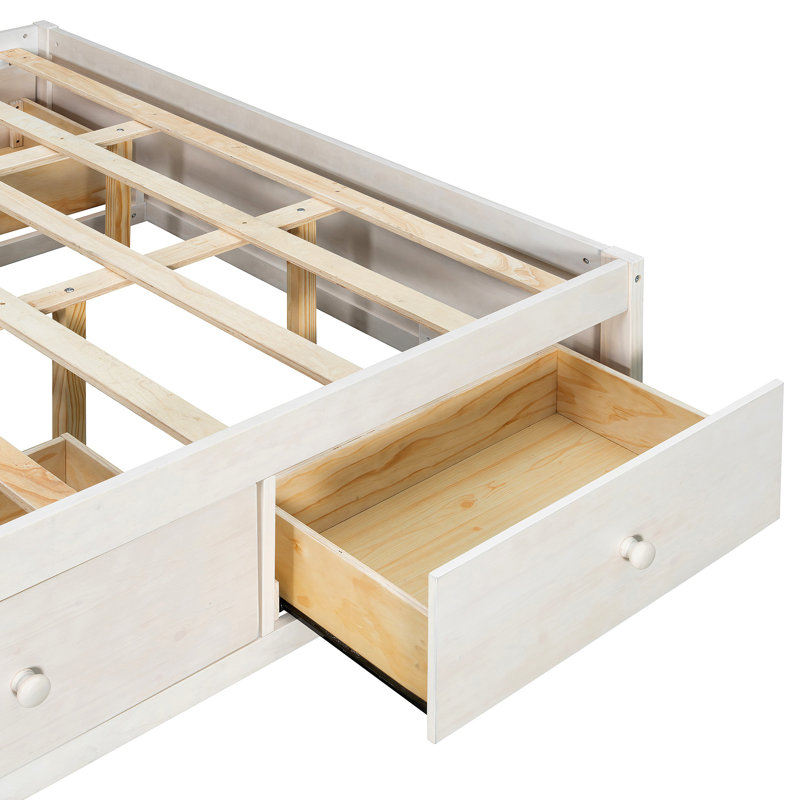 Platform Bed Frame With 4 Storage Drawers And Footboard Storage Cubby, No Headboard, Modern Space-Saving Design, White