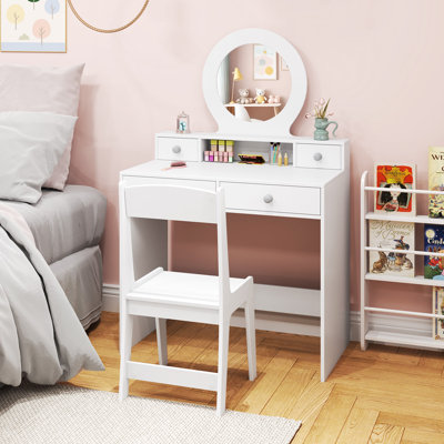 Kids Vanity Set Princess Pretend Play Vanity Table With Chair & Mirror & 4 Drawers by Harriet Bee