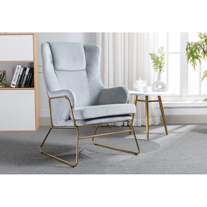 Velvet Upholstered Accent Chair with Gold Chrome Legs, Gray Velvet